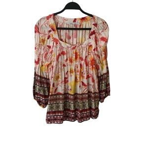 Figuerda & flower Pink & Brown Puff Sleeve Blouse with Ruffled Smocked Details